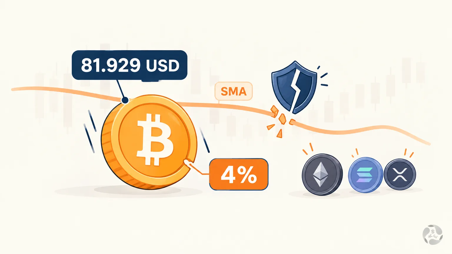 Ảnh minh hoạ Bitcoin với nhãn 81.929 USD, SMA và 4%, kèm các đồng tiền điện tử ở góc phải