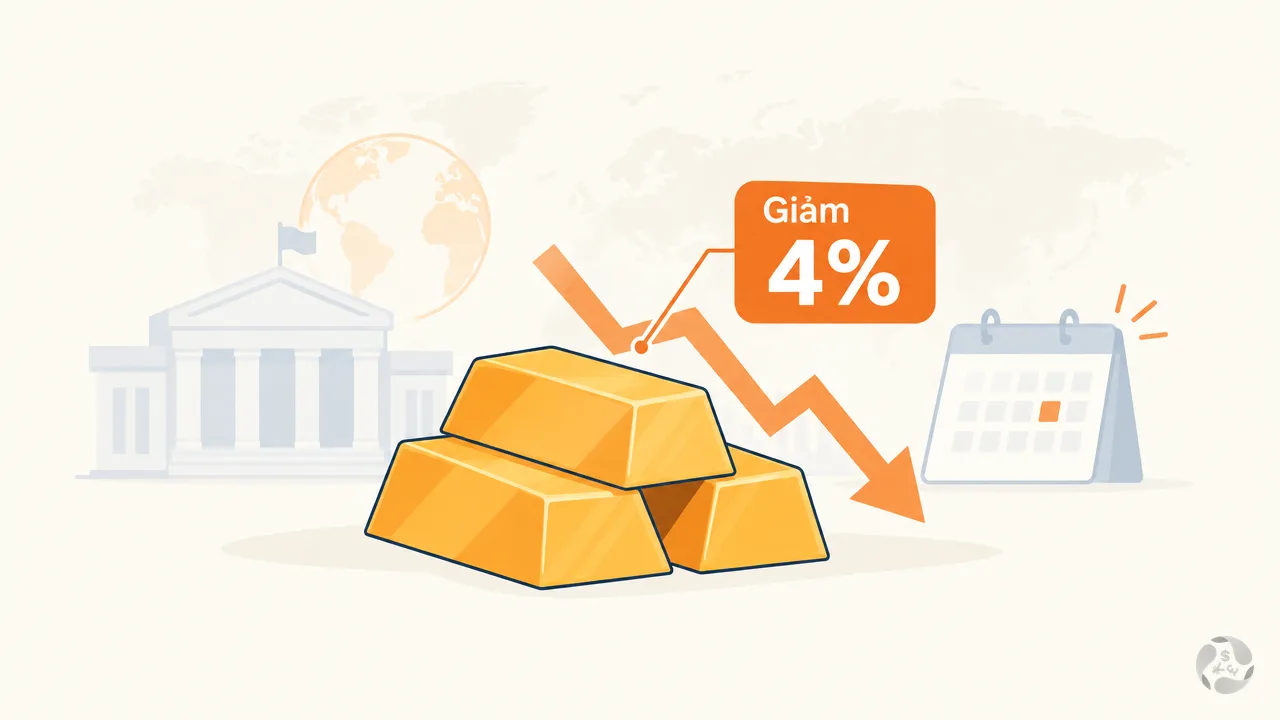 Ảnh minh hoạ giá vàng giảm 4% với thanh vàng và mũi tên đi xuống