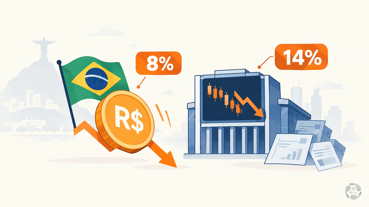 Minh hoạ kinh tế với đồng R$ rơi và biểu tượng coin Tether, kèm 8% và 14%